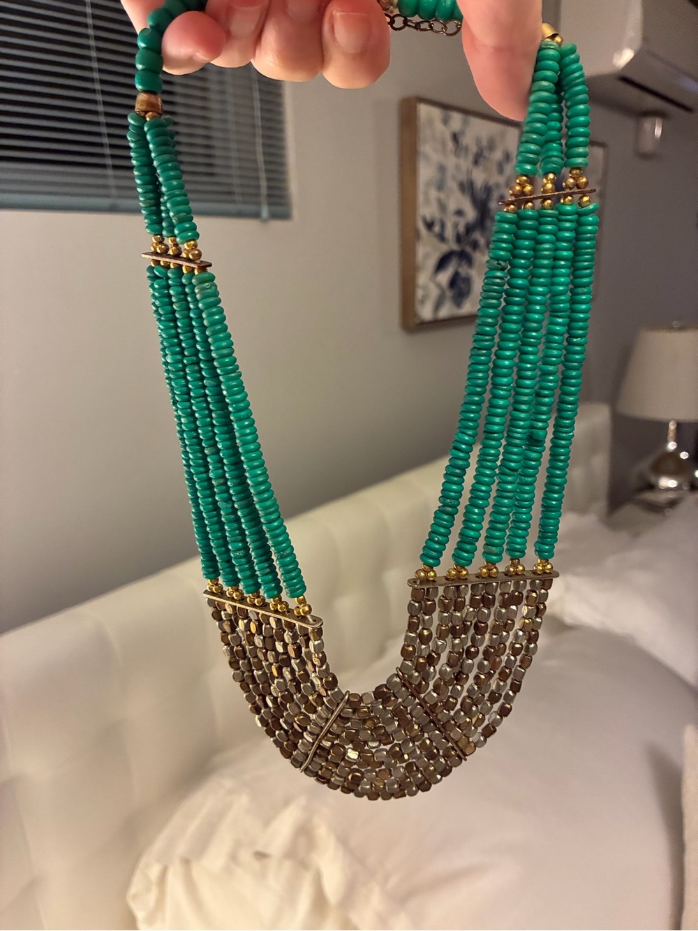 Source Unknown Green Multi-Strand Beaded Necklace with Gold Accents